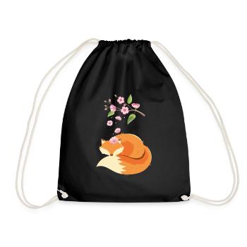 Japanese Cherry Blossom Flower Vintage Fox - Drawstring Bag - black - Front