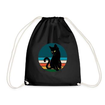Black Cat Sitting Retro Sunset - Drawstring Bag - black - Front