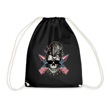 USA Flag Rock n Roll Rockabilly Skull 4th Of July - Drawstring Bag - black - Front