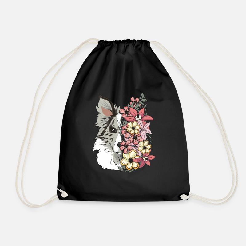 Border Collie Blue Merle with Flowers - Drawstring Bag - black