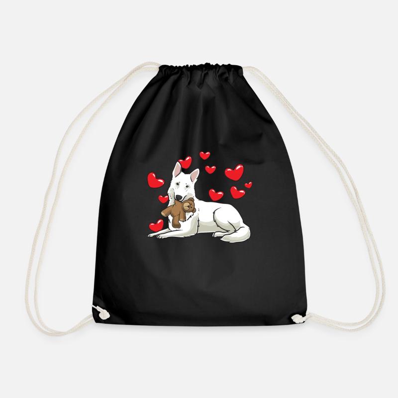Weißer Schweizer Schäferhund mit Kuscheltier - Turnbeutel - Schwarz
