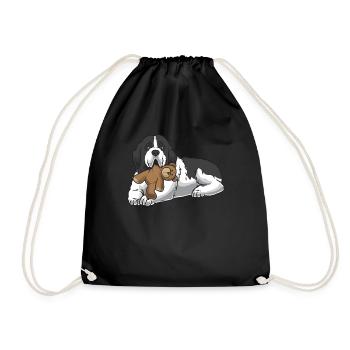 Landseer dog with plush toy - Drawstring Bag - black - Front