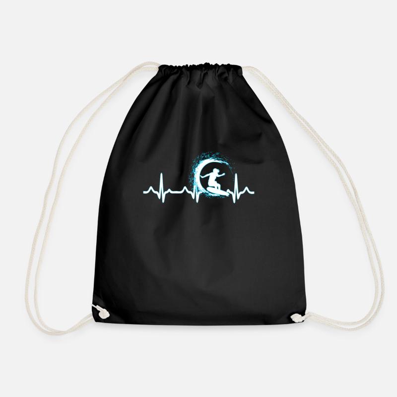 Surfer Heartbeat Surfboard Summer Surf - Drawstring Bag - black