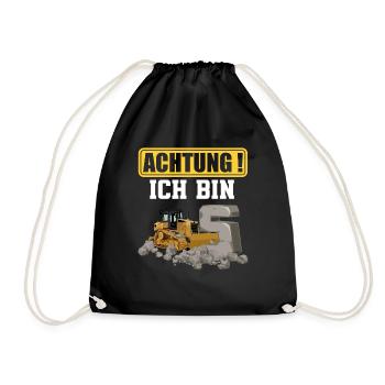 5. Geburtstag Achtung Ich Bin 5 Bagger Baustelle - Turnbeutel - Schwarz - Vorne