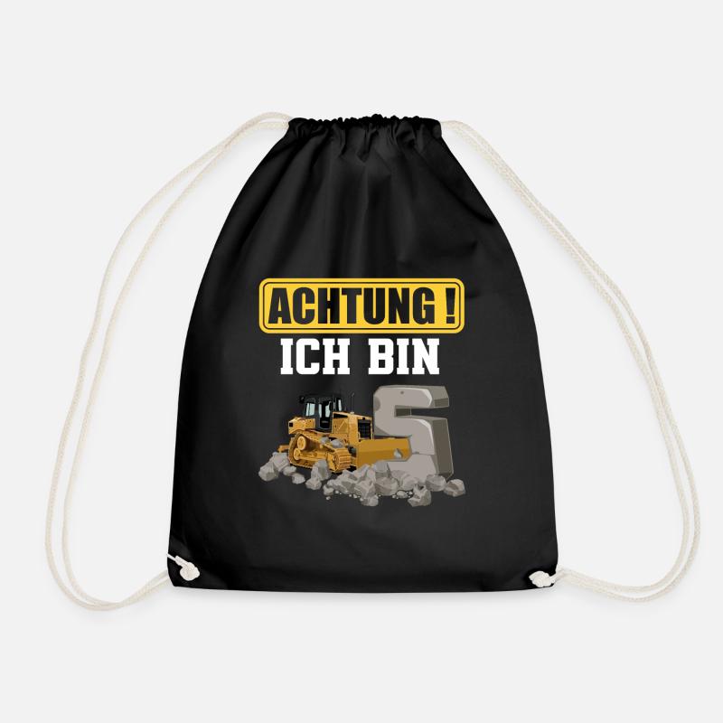 5. Geburtstag Achtung Ich Bin 5 Bagger Baustelle - Turnbeutel - Schwarz