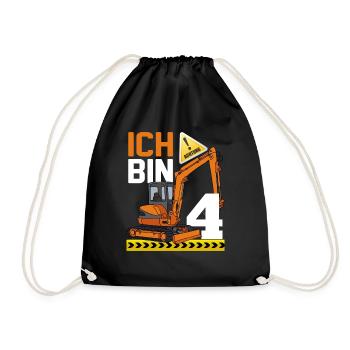 4. Geburtstag Achtung Ich Bin 4 Bagger Baustelle - Turnbeutel - Schwarz - Vorne