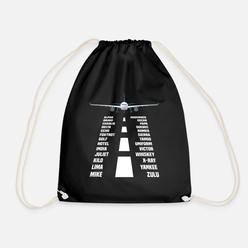 Airplane pilot phonetic alphabet - Drawstring Bag - black