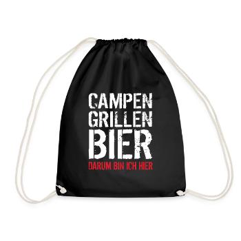 Campen Grillen Bier darum bin ich hier - Geschenk - Turnbeutel - Schwarz - Vorne