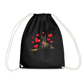 Dobermann mit Kuscheltier - Turnbeutel - Schwarz - Vorne