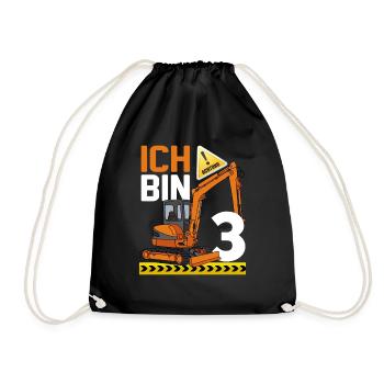 3. Geburtstag Achtung Ich Bin 3 Bagger Baustelle - Turnbeutel - Schwarz - Vorne