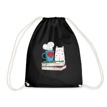Niedliche Katze und Kaffee Buch Literatur Lesen - Turnbeutel - Schwarz - Vorne