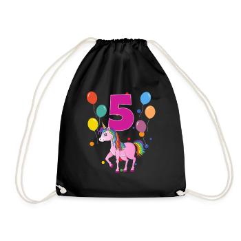 5. Geburtstag Kindergeburtstag 5 Jahre Einhorn - Turnbeutel - Schwarz - Vorne