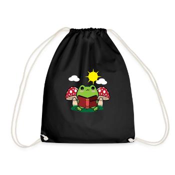 Cottagecore Aesthetic Kawaii Frog Reading Book - Drawstring Bag - black - Front