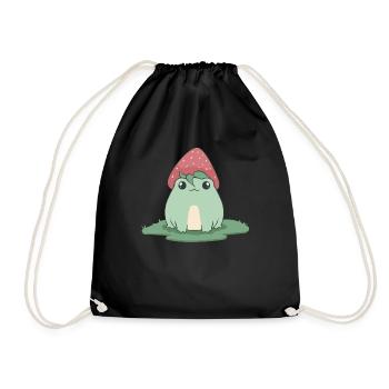 Cottagecore Aesthetic Kawaii Frog Strawberry Head - Drawstring Bag - black - Front