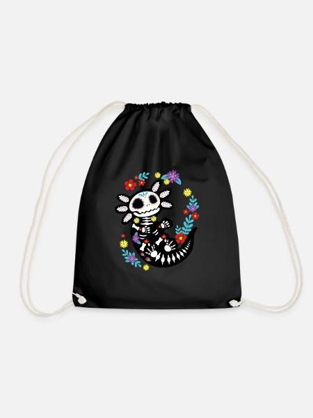 Axolotl Sugar Skull Mexican Blumen - Turnbeutel - Schwarz