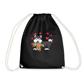 Pomsky Hund mit Kuscheltier - Turnbeutel - Schwarz - Vorne