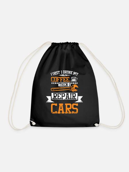 First coffee then repair cars - Drawstring Bag - black