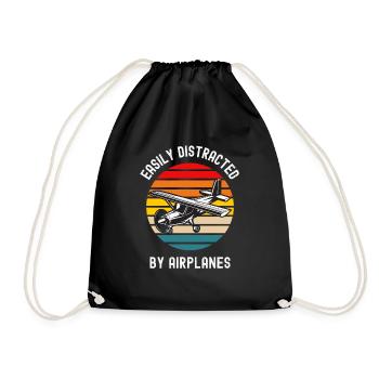 Easily Distracted By Airplanes Funny Pilot Aviator - Drawstring Bag - black - Front