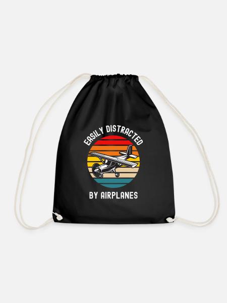 Easily Distracted By Airplanes Funny Pilot Aviator - Drawstring Bag - black