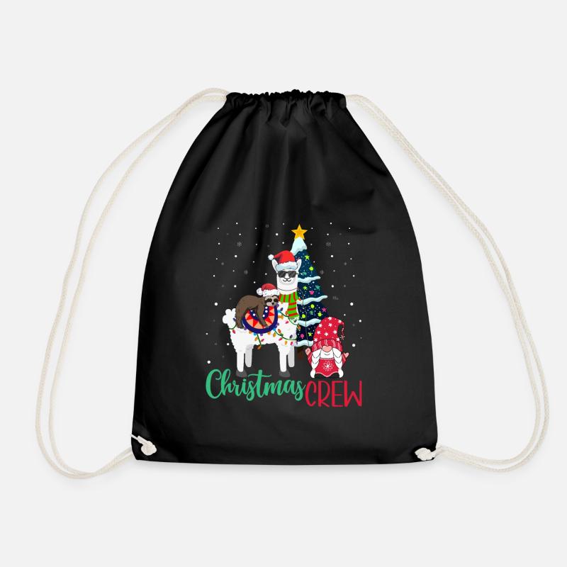 Sloth and gnome Riding Llama Santa Hat Christmas - Drawstring Bag - black