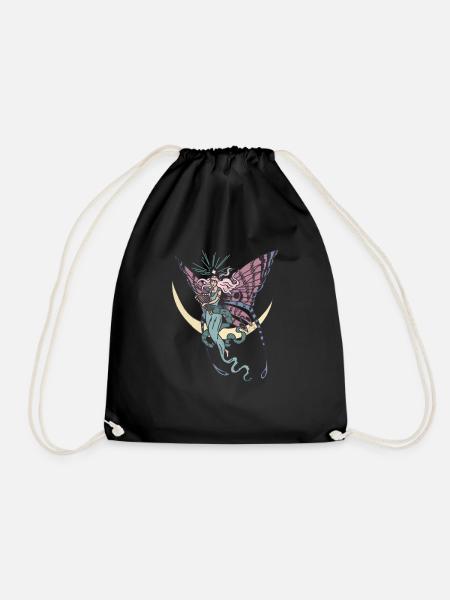 Magical Fairy on the Moon Fairycore Cottagecore - Drawstring Bag - black