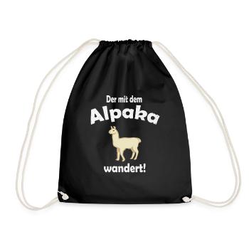 Der mit dem Alpaka wandert, Lama Spruch - Turnbeutel - Schwarz - Vorne