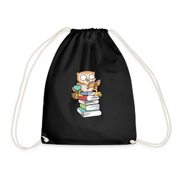 Kawaii Books Owl Tea Coffee - Drawstring Bag - black - Front