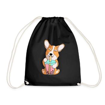 cute corgi drinking boba tea bubble tea funny - Drawstring Bag - black - Front