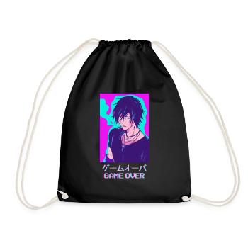 Game Over Anime Boy Emo Vaporwave Aesthetic Ges - Drawstring Bag - black - Front