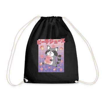 Kawaii Raccoon Drinking Peach Juice - Drawstring Bag - black - Front