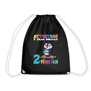 Penguin Attention I Am Now 2 Years Old - Drawstring Bag - black - Front