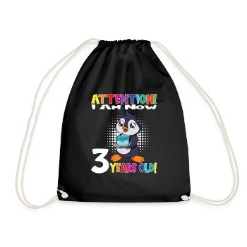 Penguin Attention I Am Now 3 Years Old - Drawstring Bag - black - Front