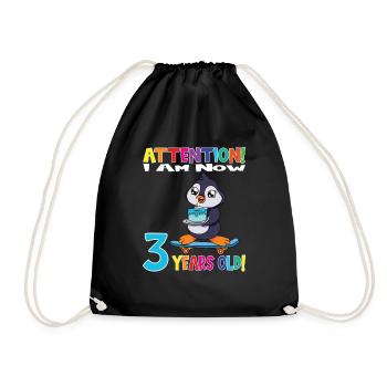 Penguin Attention I Am Now 3 Years Old - Drawstring Bag - black - Front