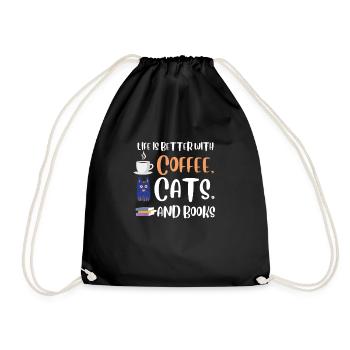 Life is better with a Coffee Cats and Books Cat - Drawstring Bag - black - Front
