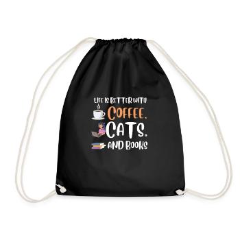 Life is better with a Coffee Cats and Books Cat - Drawstring Bag - black - Front