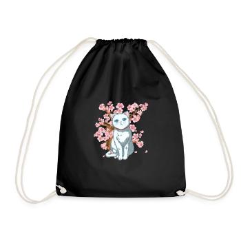 Cherry Blossom Japanese Art White Cat Japan Flower - Drawstring Bag - black - Front