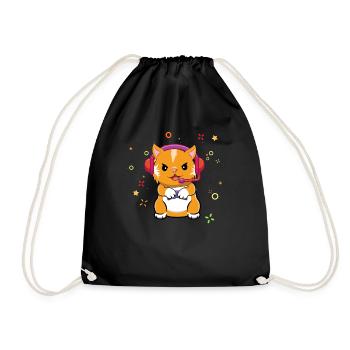 Gaming Cat Playing Video Game Lover Gaming - Drawstring Bag - black - Front
