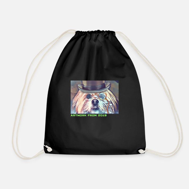 Dog with monocle and hat – Artwork from 2019 - Drawstring Bag - black
