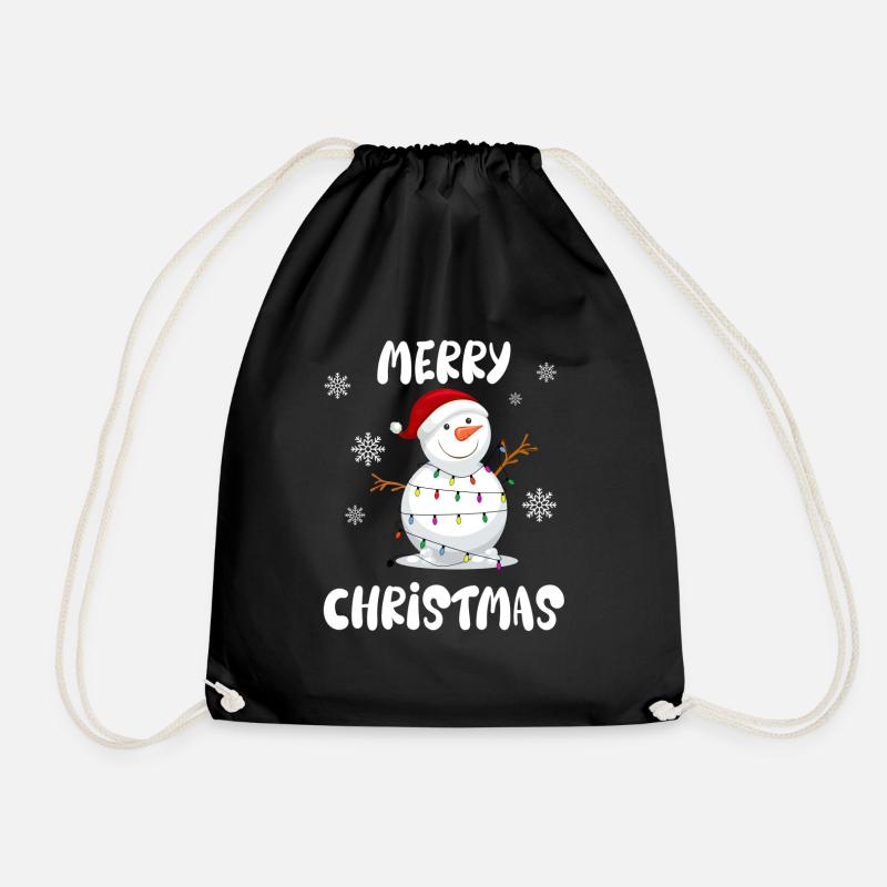 Schneemann mit Lichterkette und Merry Christmas - Turnbeutel - Schwarz