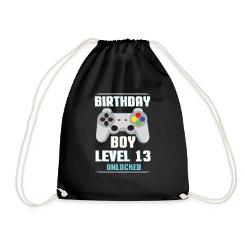 Gamer Boy Video Game Lover Age 13 Level Unlocked - Drawstring Bag - black - Front