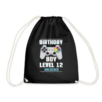 Gamer Boy Video Game Lover Age 12 Level Unlocked - Drawstring Bag - black - Front