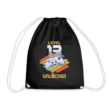 Retro Video Game Lover Age 13 Level Unlocked - Drawstring Bag - black - Front