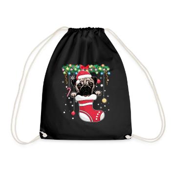 Funny Xmas - Süßer Mopshund im Weihnachtsstrumpf - Turnbeutel - Schwarz - Vorne