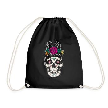 Rose Floral Halloween Muertos Day Of Dead Sugar - Drawstring Bag - black - Front