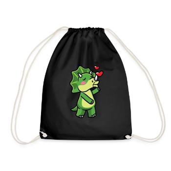 Triceratops Kawaii Dinosaur Kiss Kisses Emoticon - Drawstring Bag - black - Front