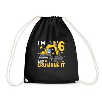 I'm 6 And Crushing It Boys 6th Birthday Excavator - Drawstring Bag - black - Front