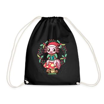 Axolotl On mushroom with Christmas hat Christmas - Drawstring Bag - black - Front