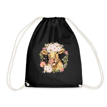 Cute cow with floral wreath - Drawstring Bag - black - Front