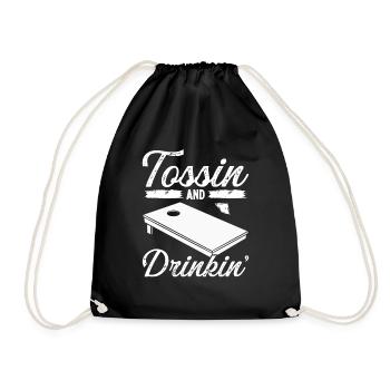 Cornhole Player Tosssing and Drinking Beer Tosser - Drawstring Bag - black - Front