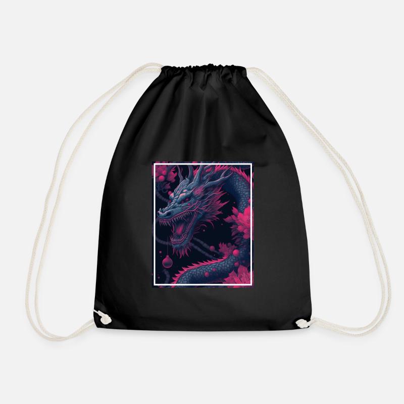 Dragon Japan Cherry Blossom Mountains Neon Retro Fable - Drawstring Bag - black